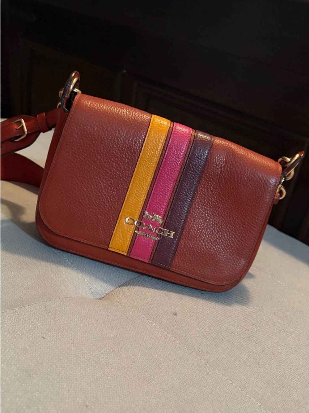 Coach Leather Crossbody Bag with Yellow, Pink and Burgundy Stripes